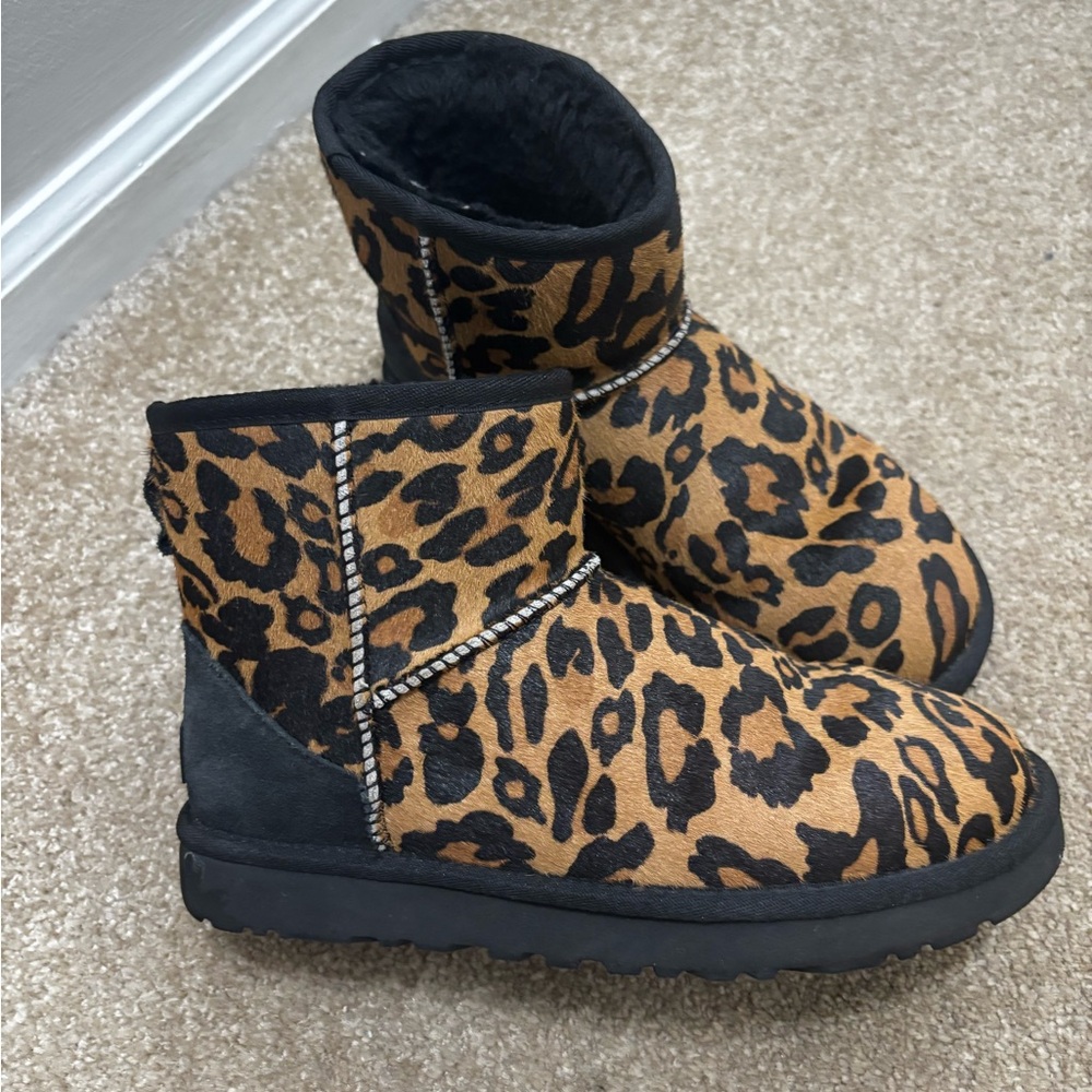 UGG Leopard Print Ankle Boots with Black Accents
